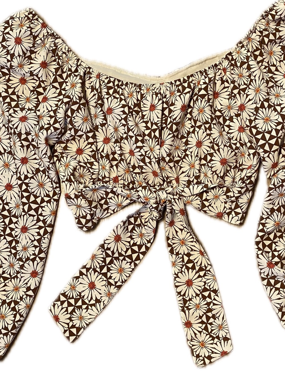 Altared State Floral Tie-Front Off-Shoulder Crop Top - Brown/Cream